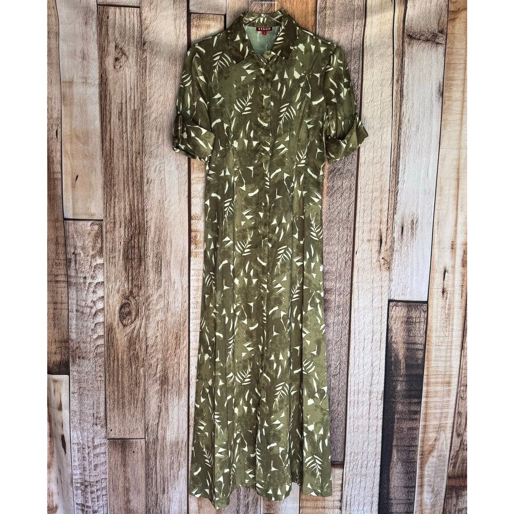 Staud Joan Maxi Dress Sergeant Green Painted Palm Leaf Print Button Front Sz 4